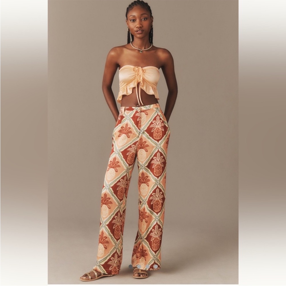 🎉HOST PICK 🎉FARM Rio x Anthropologie Pink and Orange Pineapple Wide Leg Pants - Picture 2 of 10